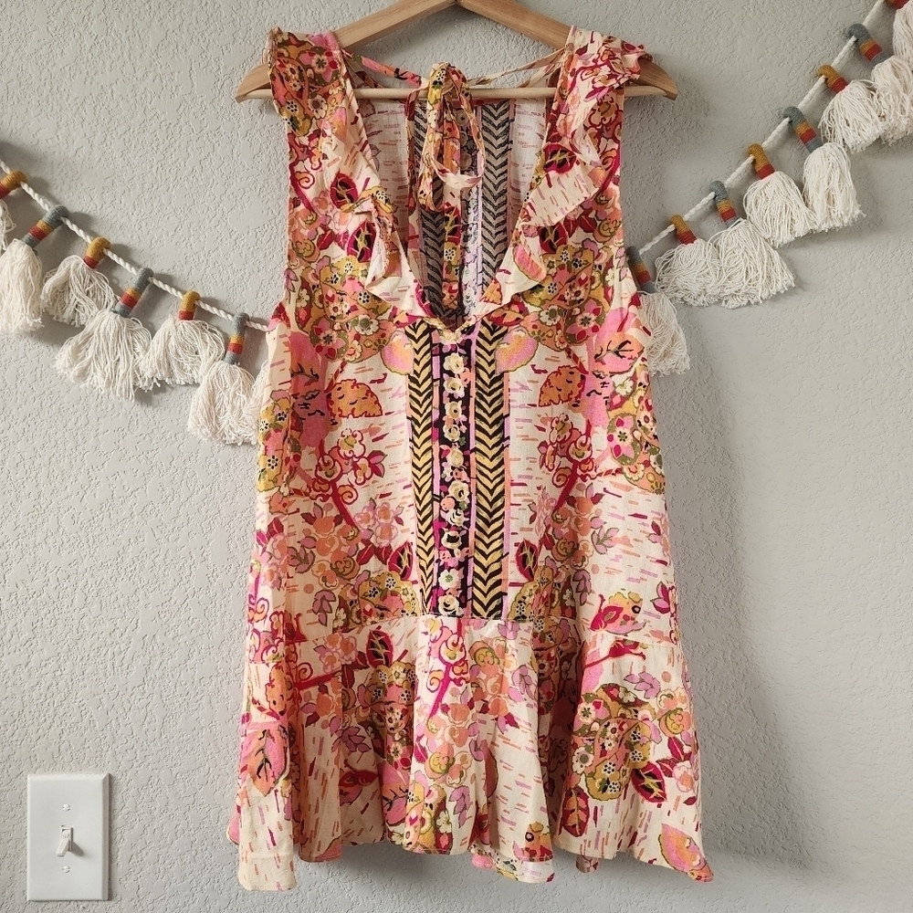 Free People Summer In Tulum Linen Blend Pink Floral Ruffle Mini Dress Boho M - Picture 2 of 9